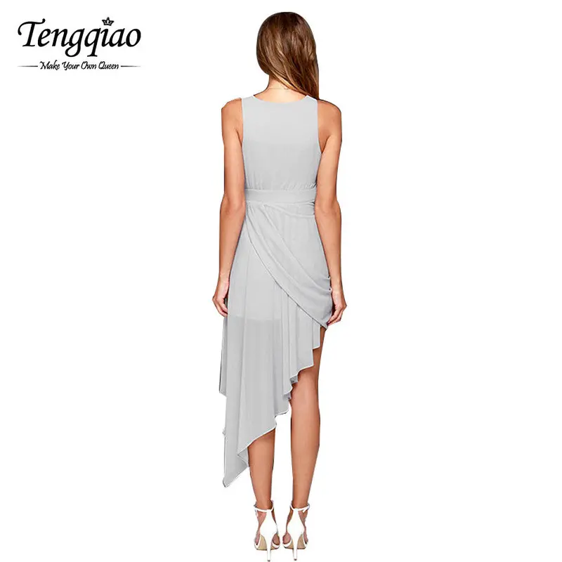 Draped Casual Ladies Dress Asymmetrical White Beach Dress V Neck Short Sleeveless High Waist Mini Dress 7