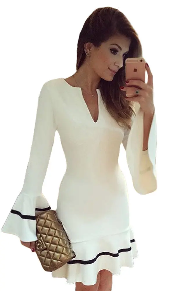 Draped Stitching Dress Long Sleeve Party Dresses Short Mini Elegant White Pencil Dress 1