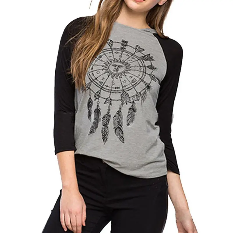 Dreamcatcher Printed Women T-Shirt Hooded Patchwork Round Neck Long Sleeve Hipster Female Clothing 1
