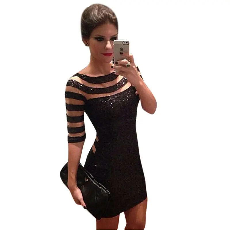 Dress Black Mesh Sequined Stitching Package Hip Dress Vestidos Plus Size Feida 1