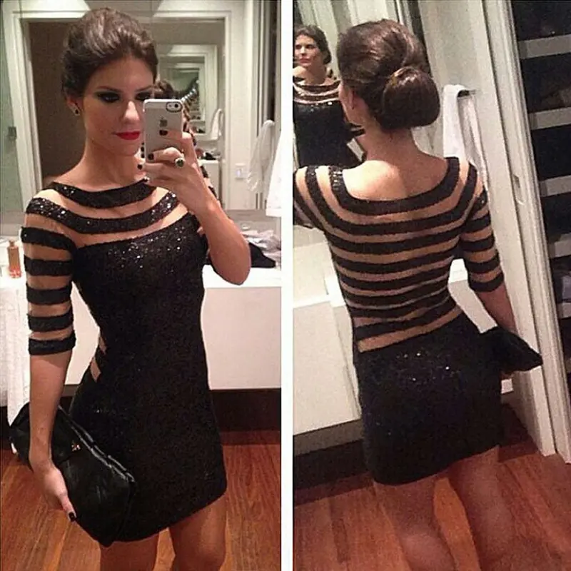 Dress Black Mesh Sequined Stitching Package Hip Dress Vestidos Plus Size Feida 2