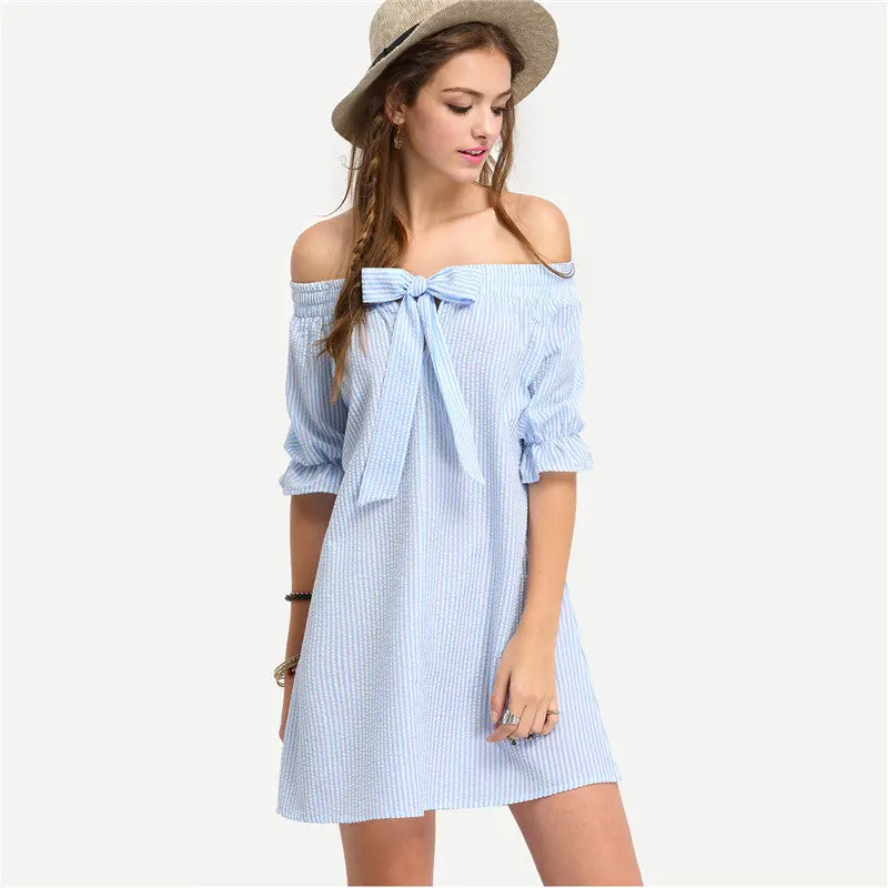 Dress Casual Off Shoulder Loose Women Dress Cute Vertrical Striped Chest Bow-Tie Beach Dress Lady Vestidos 1