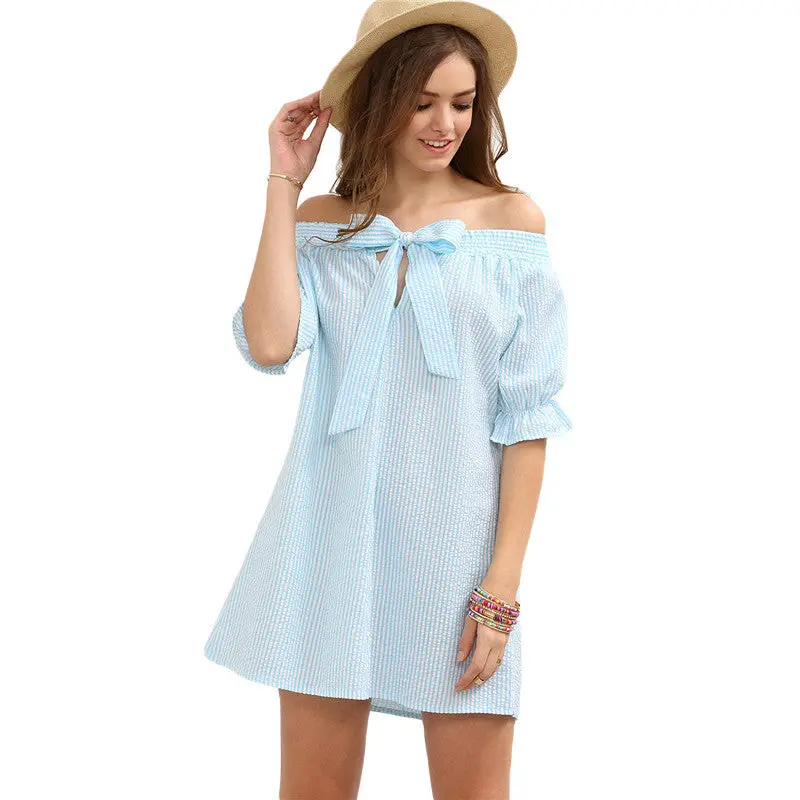 Dress Casual Off Shoulder Loose Women Dress Cute Vertrical Striped Chest Bow-Tie Beach Dress Lady Vestidos 4
