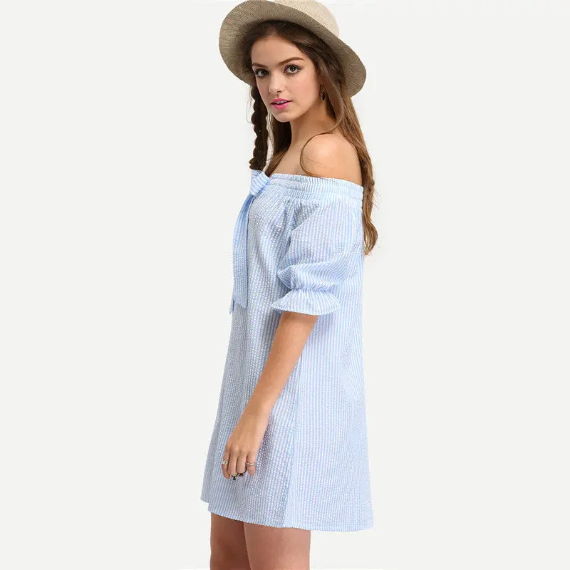 Dress Casual Off Shoulder Loose Women Dress Cute Vertrical Striped Chest Bow-Tie Beach Dress Lady Vestidos 7