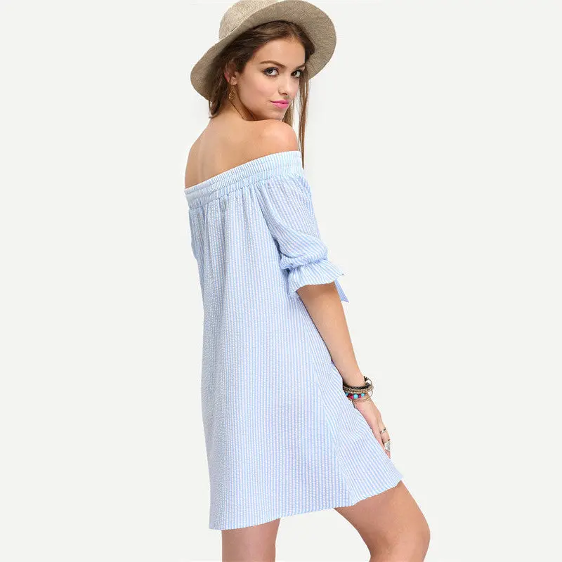 Dress Casual Off Shoulder Loose Women Dress Cute Vertrical Striped Chest Bow-Tie Beach Dress Lady Vestidos 8