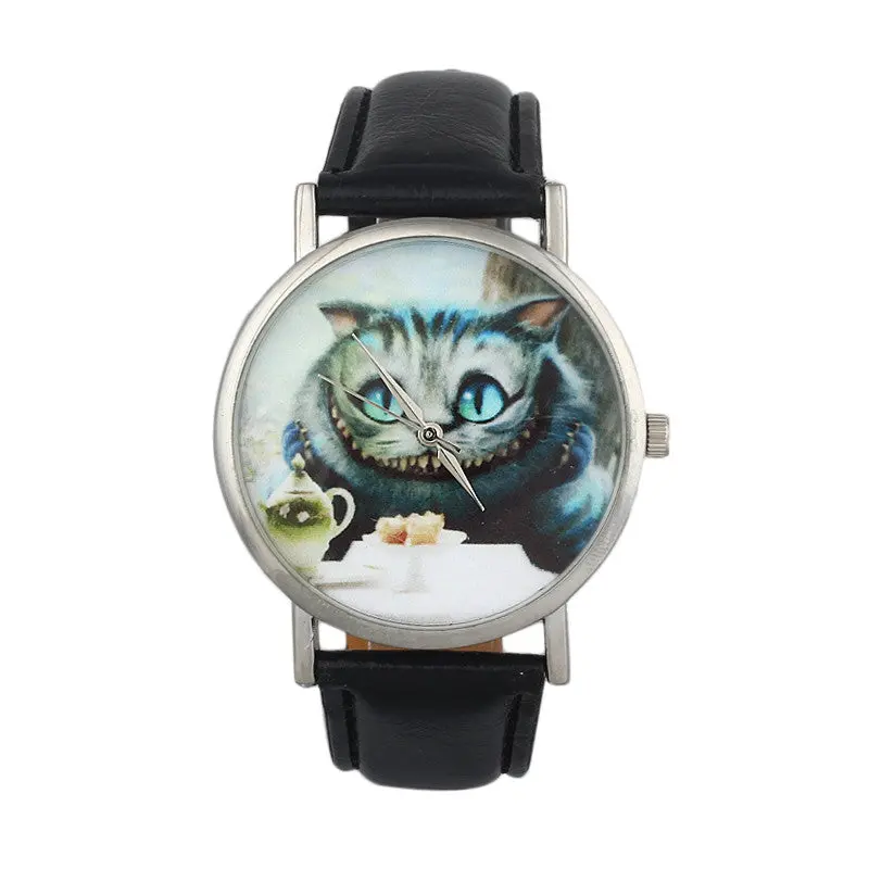 Dress Clocks Casual Cute Cat Print Womens Leather Watch Analog Quartz Dial Wristwatch Promotions Gift 1