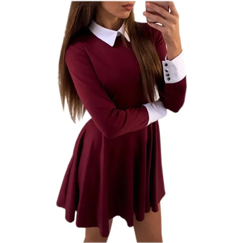 Dress Cute Women Turn-Down Collar Casual Dresses Elegant Long Sleeve Office Mini Dress Vestidos 3