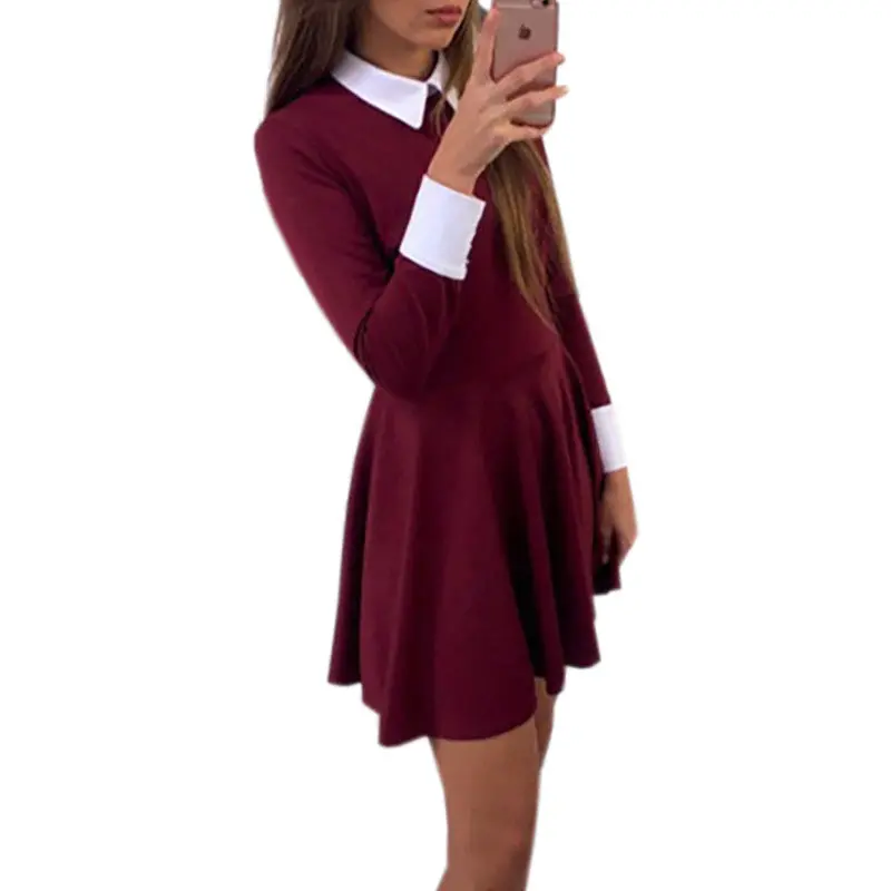 Dress Cute Women Turn-Down Collar Casual Dresses Elegant Long Sleeve Office Mini Dress Vestidos 4