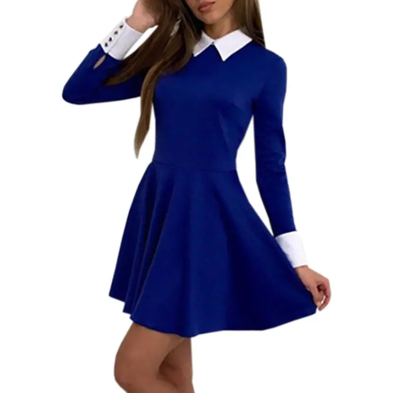 Dress Cute Women Turn-Down Collar Casual Dresses Elegant Long Sleeve Office Mini Dress Vestidos 5