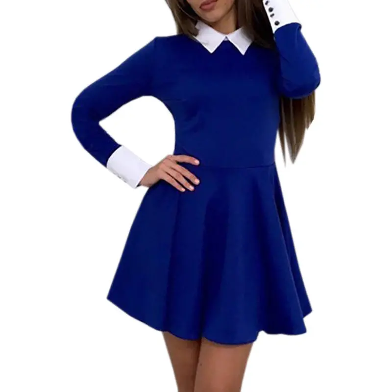 Dress Cute Women Turn-Down Collar Casual Dresses Elegant Long Sleeve Office Mini Dress Vestidos 6