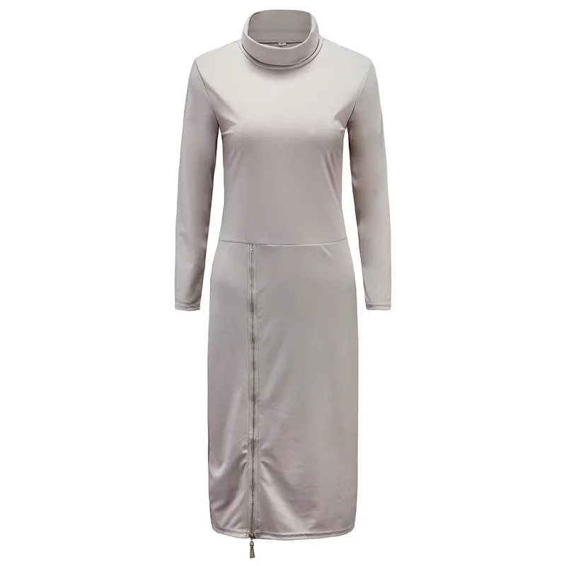 Dress Elegant Turtleneck Knee Length Dress For Women Sexy Side Split Zipper Up Party Dresses Robe Femme Long Sleeve 4
