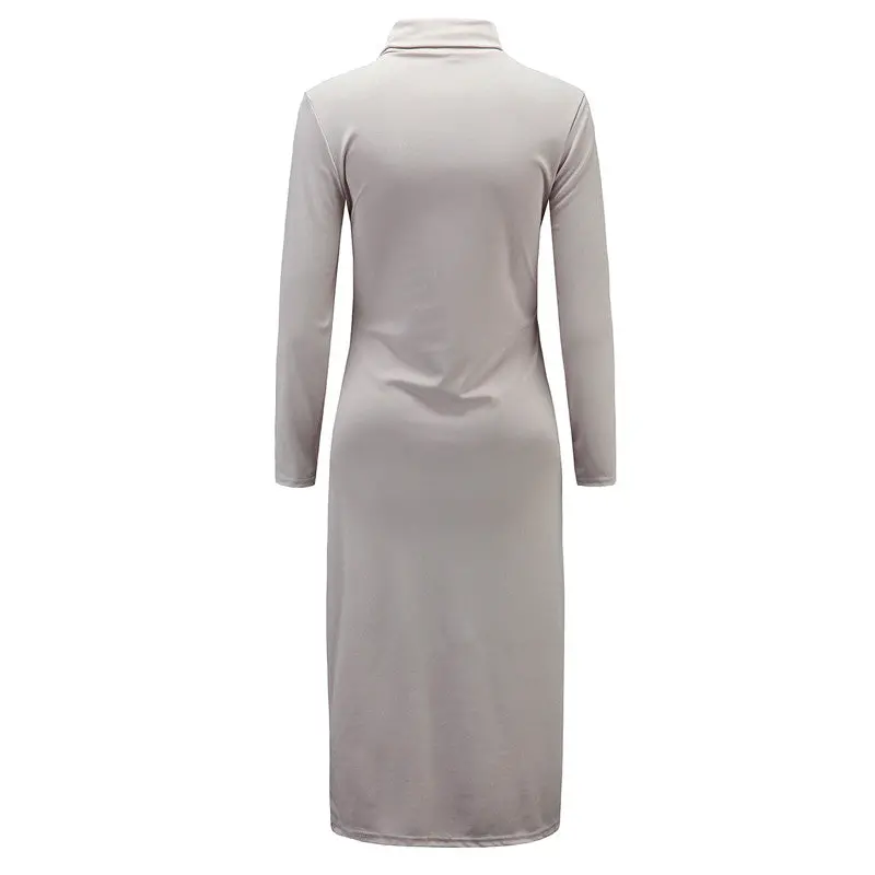 Dress Elegant Turtleneck Knee Length Dress For Women Sexy Side Split Zipper Up Party Dresses Robe Femme Long Sleeve 5