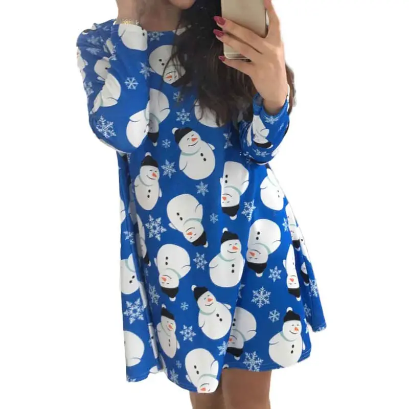 Dress Ladies Women Christmas Vestidos Feminino Ladies Dresses Long Sleeve O Neck Snowman Printing Party Swing Vestido 1