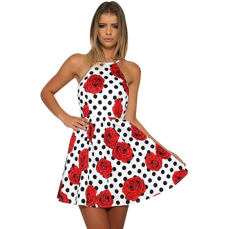 Dress Plus Size Women Ladies Sweet Rose Printing Sleeveless Backless Dress Vestidos Sundress 1