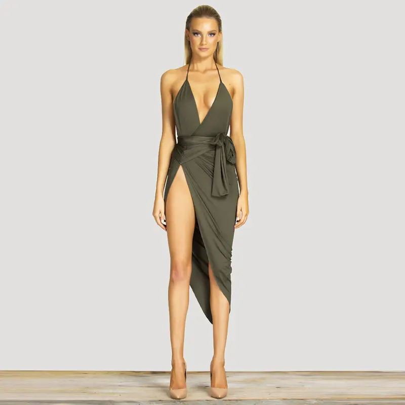 Dress Robe Sexy Vintage V Neck Backless Dress High Waist Pleated Belt Split Dresses Bandage Women Clothing 1
