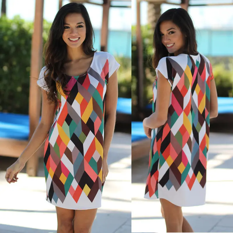 Dress Robe Women Office Dress Round Neck Short Sleeve Printing Bodycon Party Mini Dress Plus Size Sale Feida 2
