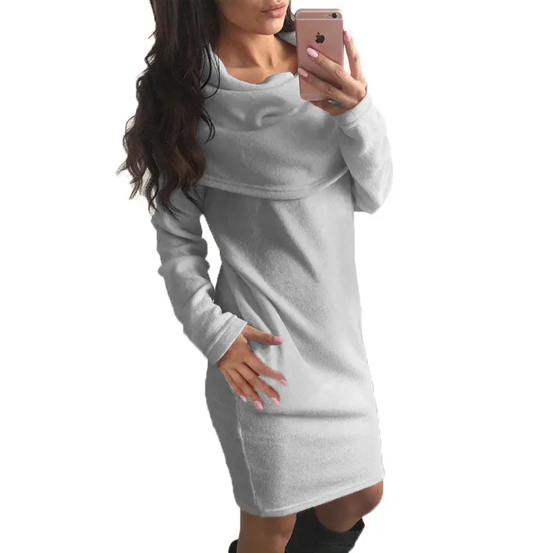 Dress Scarf Collar Knitted Dress Casual Long Sleeve Sweater Dress For Women Gray White Pink 5