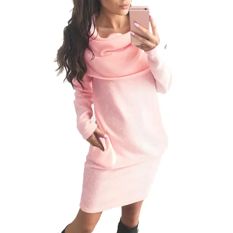 Dress Scarf Collar Knitted Dress Casual Long Sleeve Sweater Dress For Women Gray White Pink 6