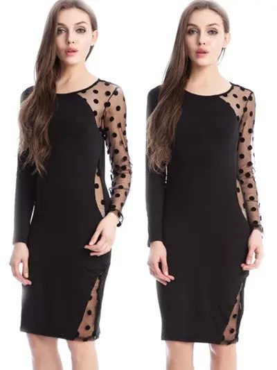 Dress Sexy Hollow Out Sheer Sleeve Dot Women Dress Plus Size Bodycon Dresses Xl Xxl 2