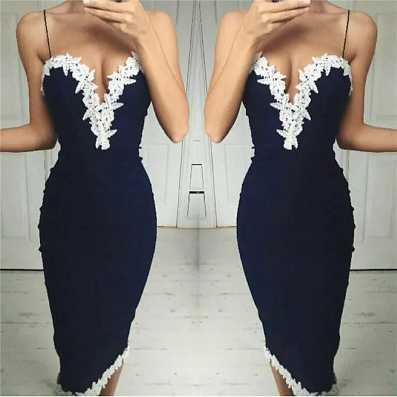 Dress Sexy Lace Crochet Strap Dress Women Deep V Lace Flower Patchwork Bodycon Dress Midi Slim Womens Dress 2