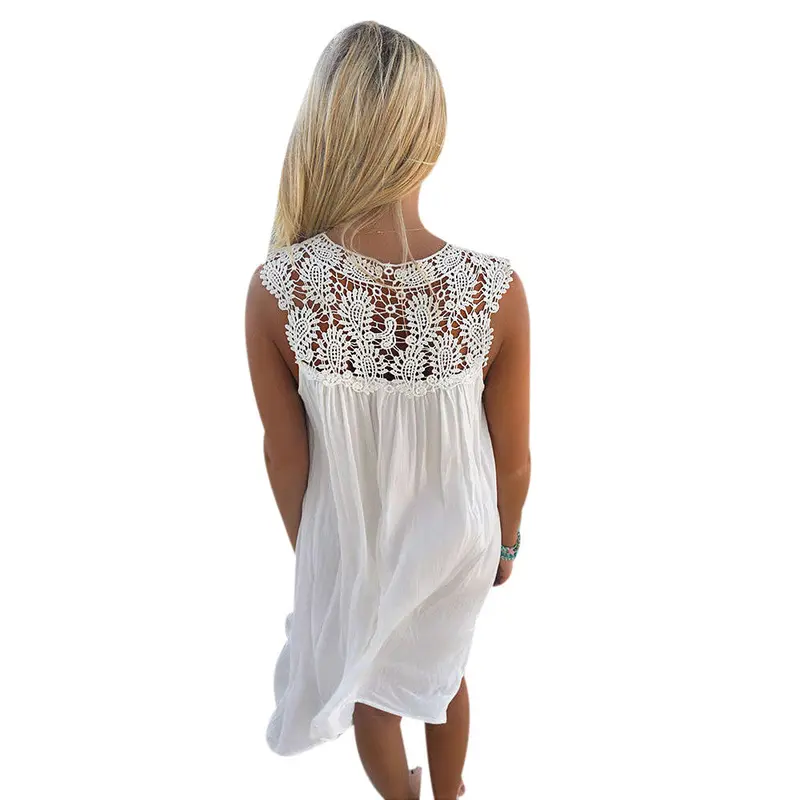 Dress Sexy Women Hollow Crochet Stitching Beach Short Dress Sleeveless White Mini Lace Dress Vestidos Plus Size 2