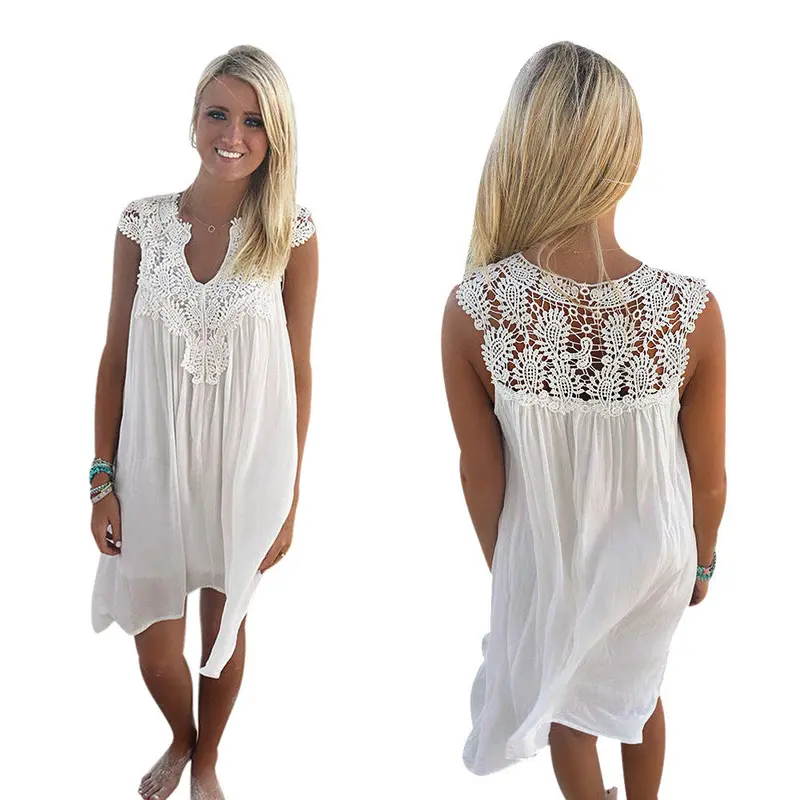 Dress Sexy Women Hollow Crochet Stitching Beach Short Dress Sleeveless White Mini Lace Dress Vestidos Plus Size 3