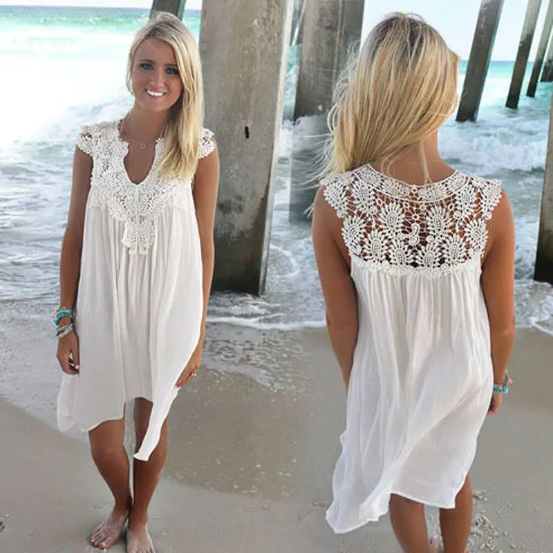 Dress Sexy Women Hollow Crochet Stitching Beach Short Dress Sleeveless White Mini Lace Dress Vestidos Plus Size 4