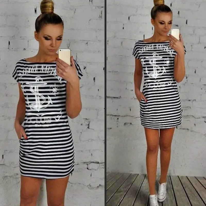 Dress Vestidos Robe Women Casual Short Sleeve Round Neck Anchors Striped Bodycon Dress Vestido De Festa Plus Size 2