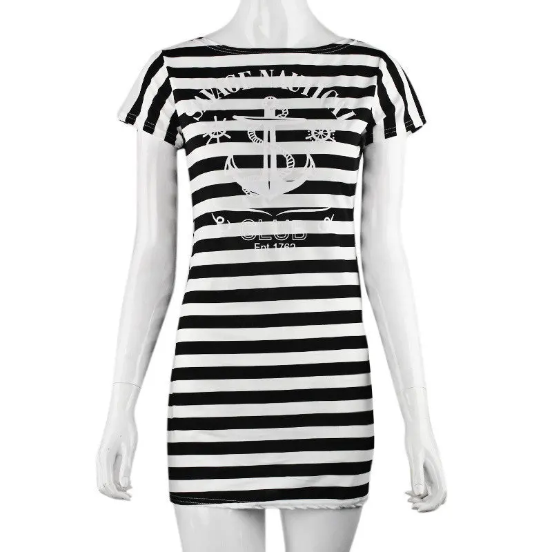 Dress Vestidos Robe Women Casual Short Sleeve Round Neck Anchors Striped Bodycon Dress Vestido De Festa Plus Size 3