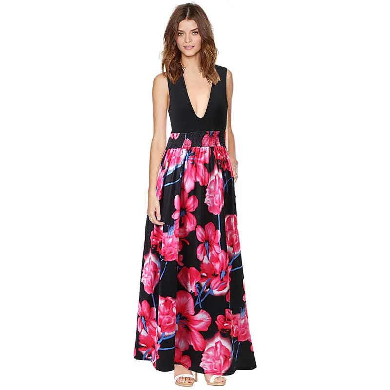 Dress Vestidos Sexy Women Deep V-Neck Floral Boho Long Maxi Dress Plus Size Feida 4
