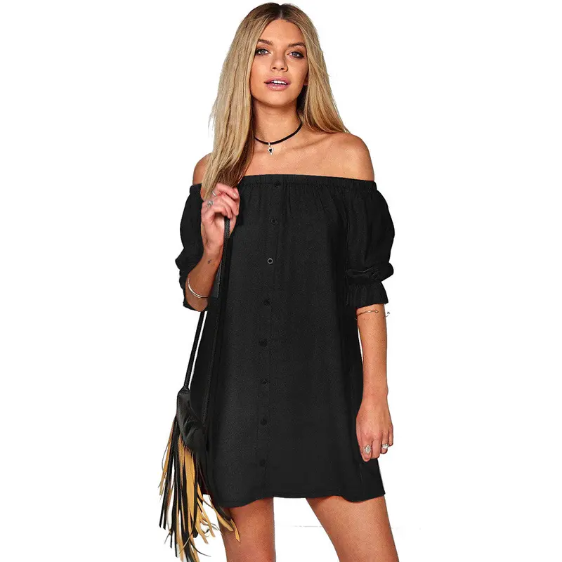 Dress Vestidos Women Off The Shoulder Dresses Casual Button Sexy Mini Vestidos Plus Size Solid Clubwear 4