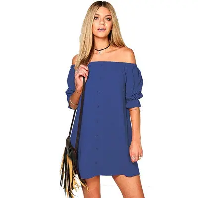 Dress Vestidos Women Off The Shoulder Dresses Casual Button Sexy Mini Vestidos Plus Size Solid Clubwear 5