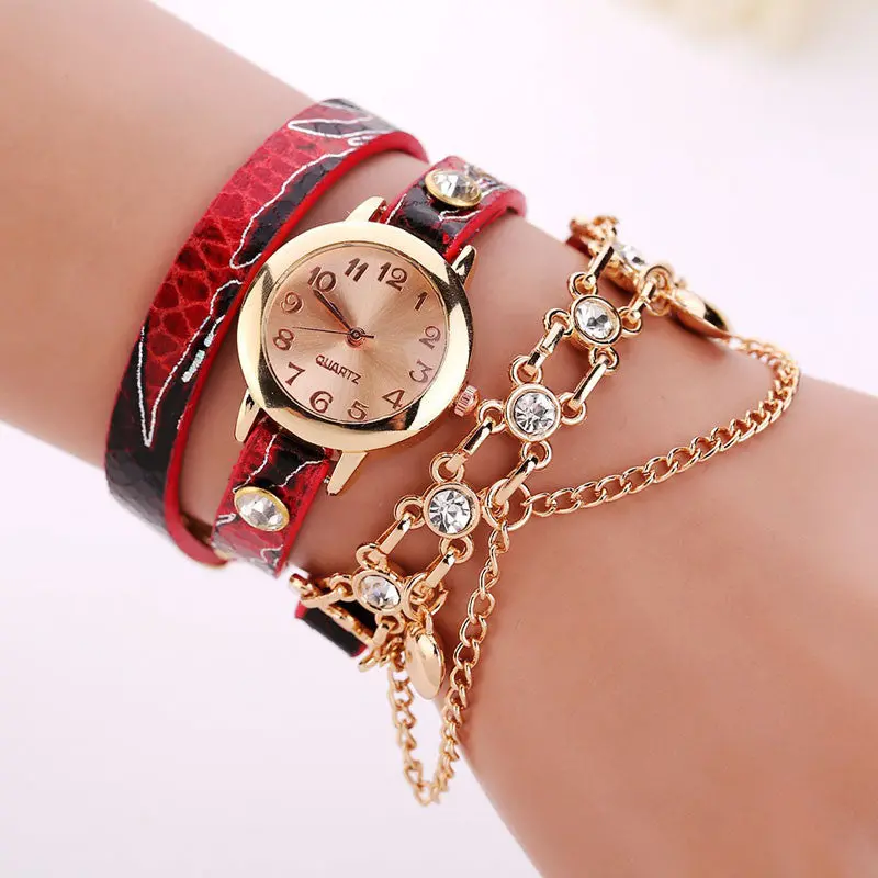 Dress Watches Ladies Leather Rhinestone Rivet Chain Quartz Bracelet Wristwatch Watch Women Montre Sale Feida 1