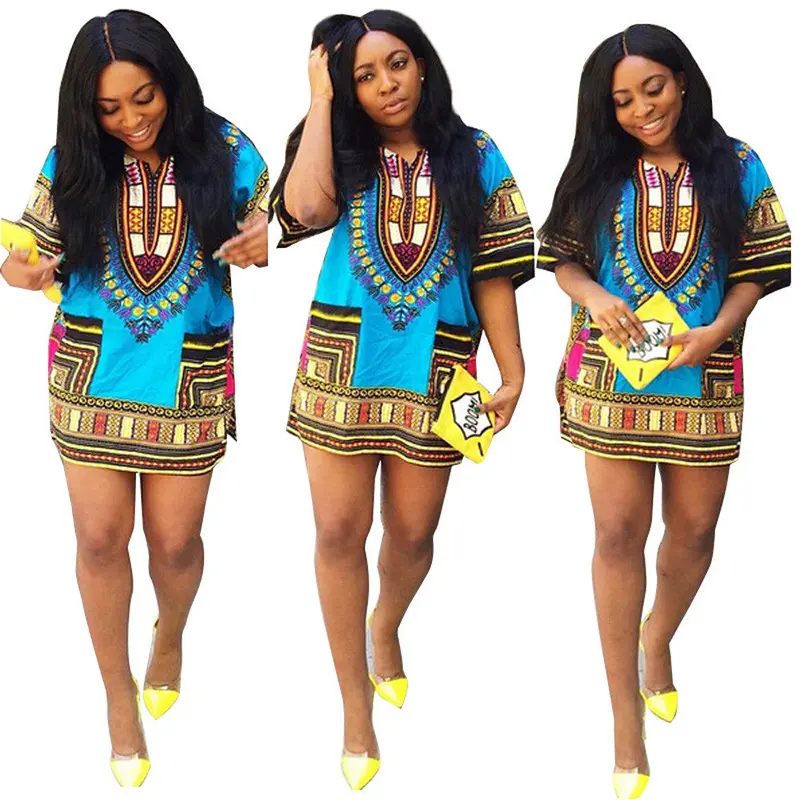 Dress Women Clothes African Print Dress Casual Straight Print Above Knee Mini Dresses Robe Feida 3