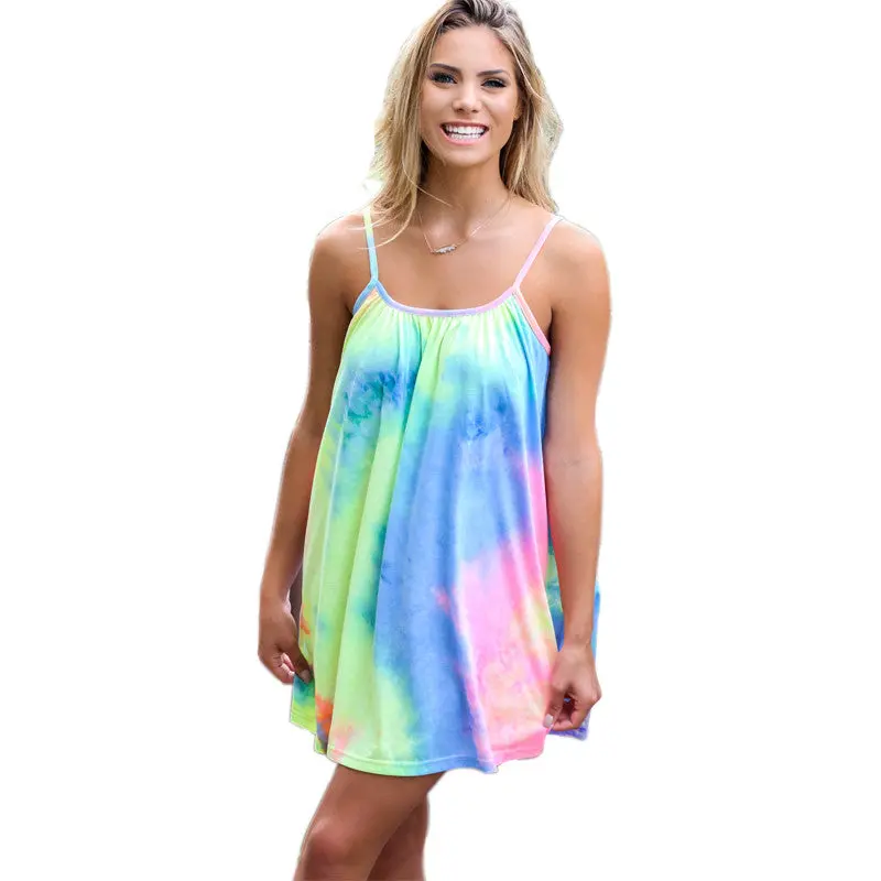 Dress Women Colorful Tie-Dry Strap Casual Dress Sexy Mini Dresses Plus Size Women Clothing 1