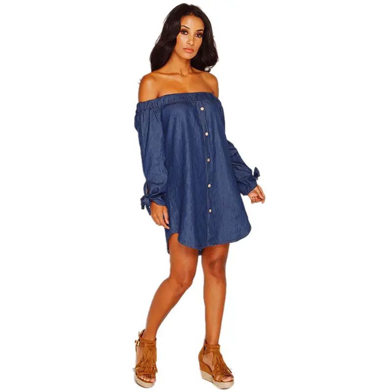 Dress Women Denim Shirt Dresses Vestidos Feminino Off The Shoulder Sexy Casual Long Sleeve Solid Plus Size Button Vestido 1