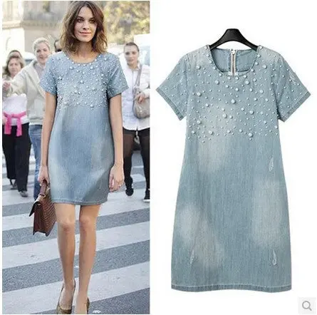 Dress Women Jean Dress Loose Short-Sleeve Beaded Denim Dresses Brand Vestidos Plus Size Dress 2Xl 1