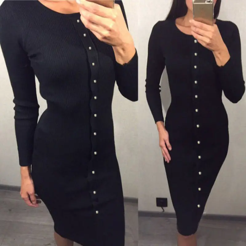 Dress Women Plus Size Button Long Sleeve Knit Bodycon Sweater Dress Black Vintage Elbise Dresses Women Feida 1