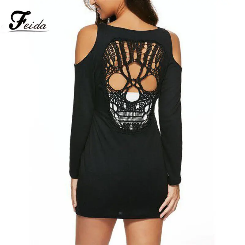 Dress Women Sexy V-Collar Strapless Skull Hollow Long-Sleeved Black Dress Fast Shipping Feida 1