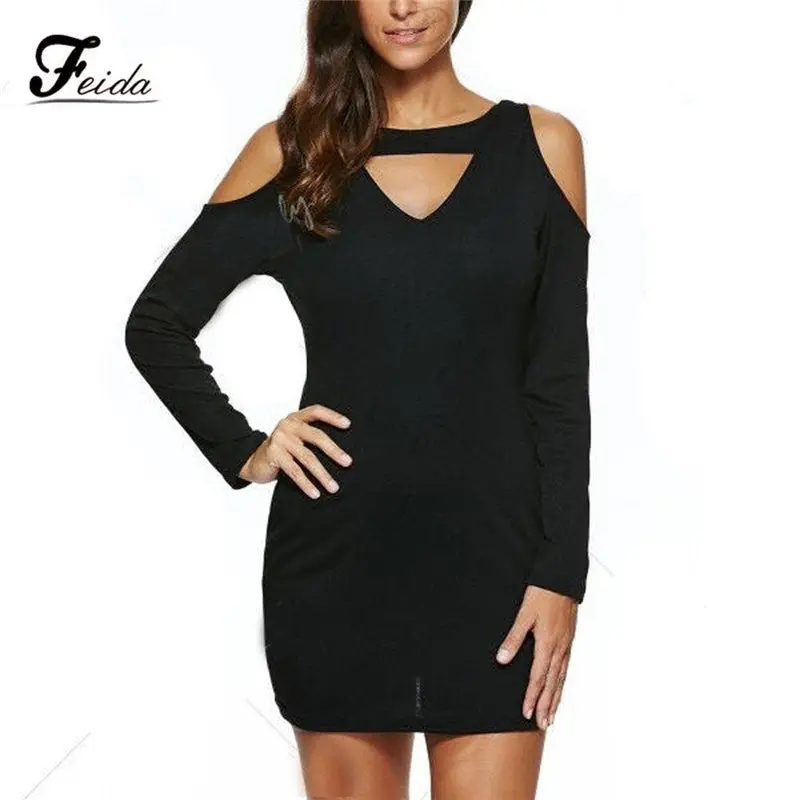 Dress Women Sexy V-Collar Strapless Skull Hollow Long-Sleeved Black Dress Fast Shipping Feida 2