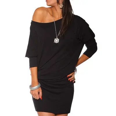 Dress Women Vestidos Long Sleeve Off The Shoulder Solid Plus Size Bodycon Mini Batwing Tunic Dresses Vestido 1
