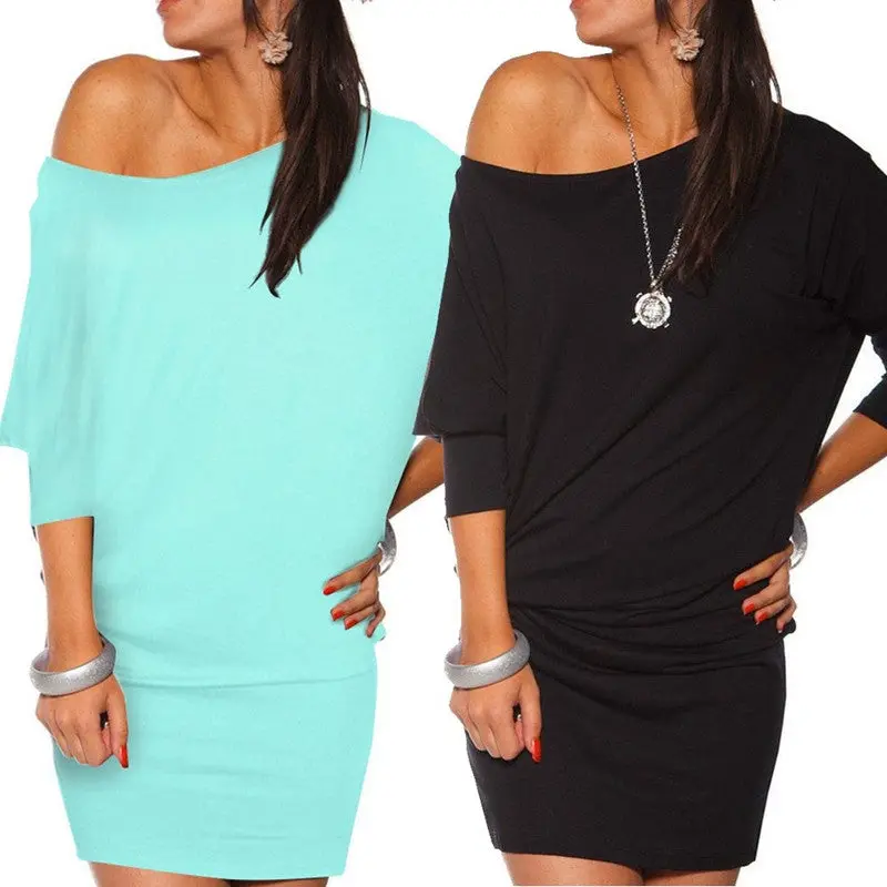 Dress Women Vestidos Long Sleeve Off The Shoulder Solid Plus Size Bodycon Mini Batwing Tunic Dresses Vestido 5