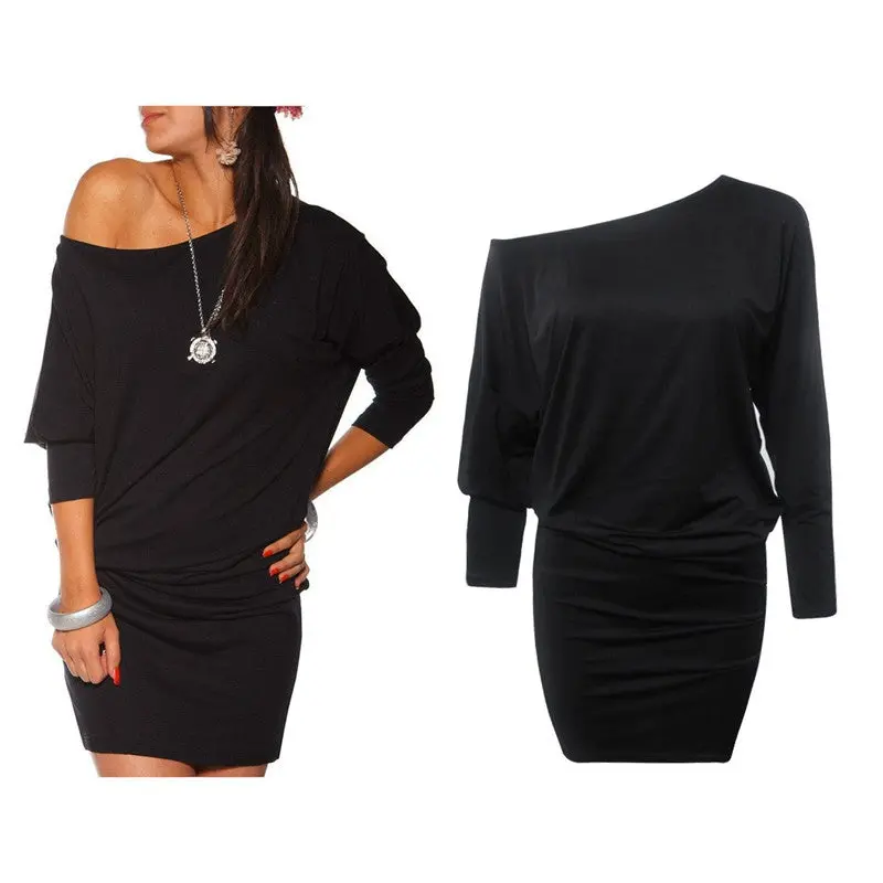 Dress Women Vestidos Long Sleeve Off The Shoulder Solid Plus Size Bodycon Mini Batwing Tunic Dresses Vestido 6
