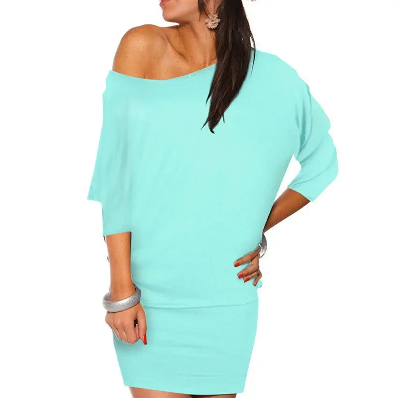 Dress Women Vestidos Long Sleeve Off The Shoulder Solid Plus Size Bodycon Mini Batwing Tunic Dresses Vestido 8