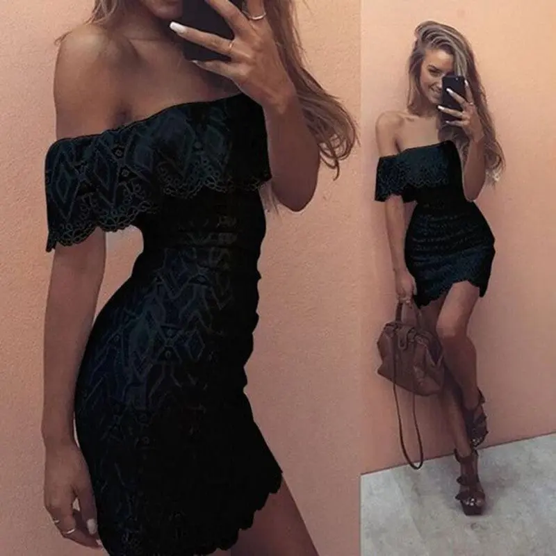 Dress Women Vestidos Off The Shoulder Sexy Bodycon Dresses Lace Party Evening Mini Vestido Plus Size 7