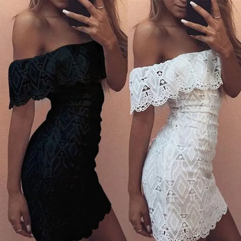 Dress Women Vestidos Off The Shoulder Sexy Bodycon Dresses Lace Party Evening Mini Vestido Plus Size 8