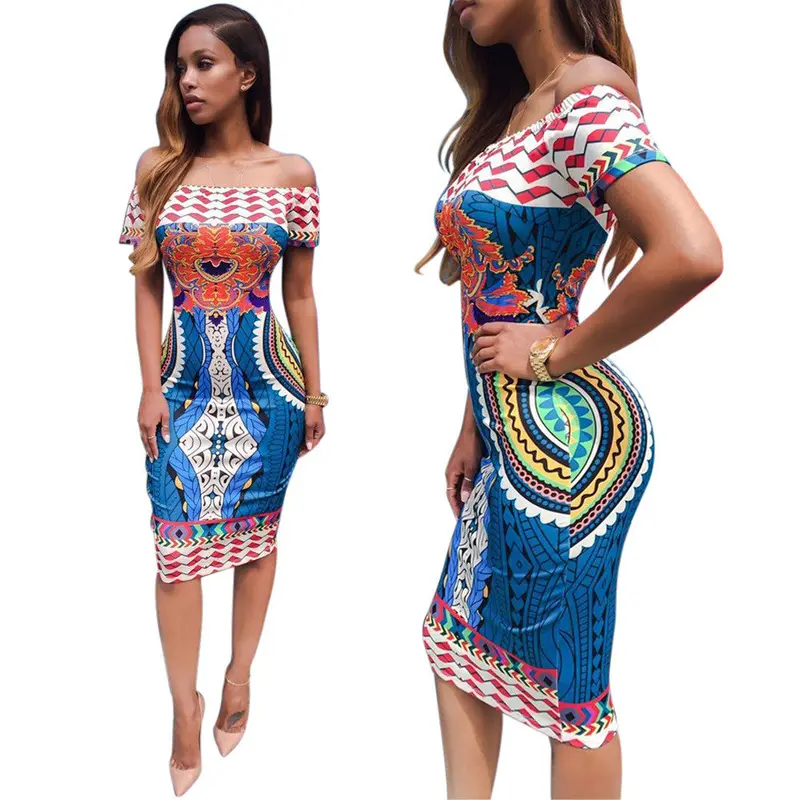 Dress Women Vintage Dress Traditional African Print Dashiki Bodycon Sexy Short Sleeve Dress Robe Retro 1