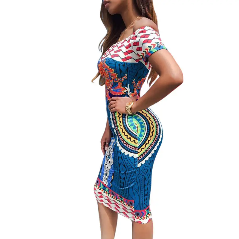 Dress Women Vintage Dress Traditional African Print Dashiki Bodycon Sexy Short Sleeve Dress Robe Retro 2