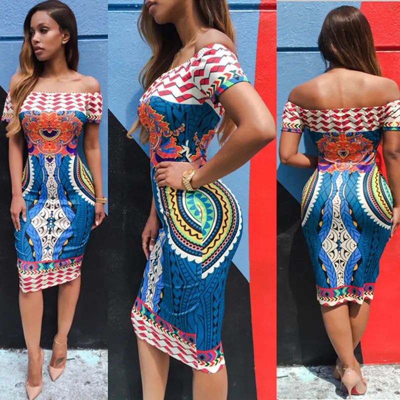 Dress Women Vintage Dress Traditional African Print Dashiki Bodycon Sexy Short Sleeve Dress Robe Retro 4