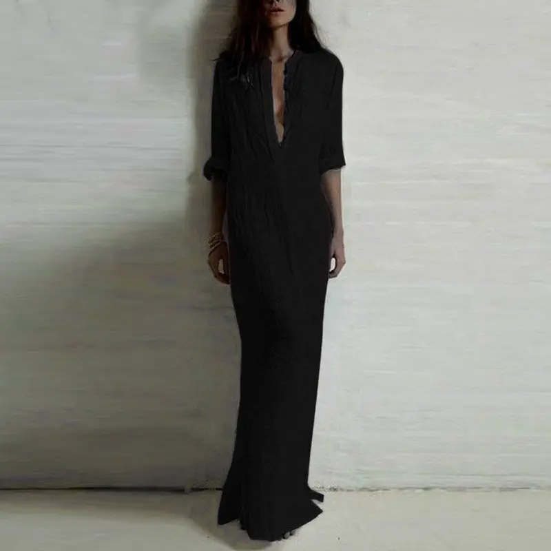 Dress Women's Sexy Casual Long Sleeve V-Neckline Solid Long Maxi Dress Big Size Feida 1